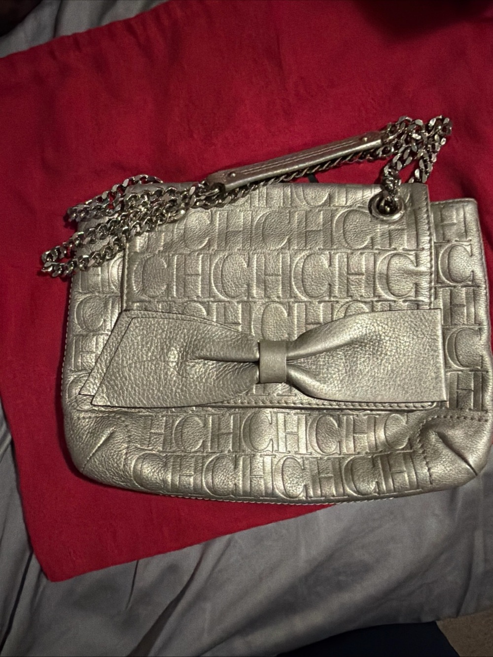 Carolina Herrera Silver Embossed CH Bow Crossbody